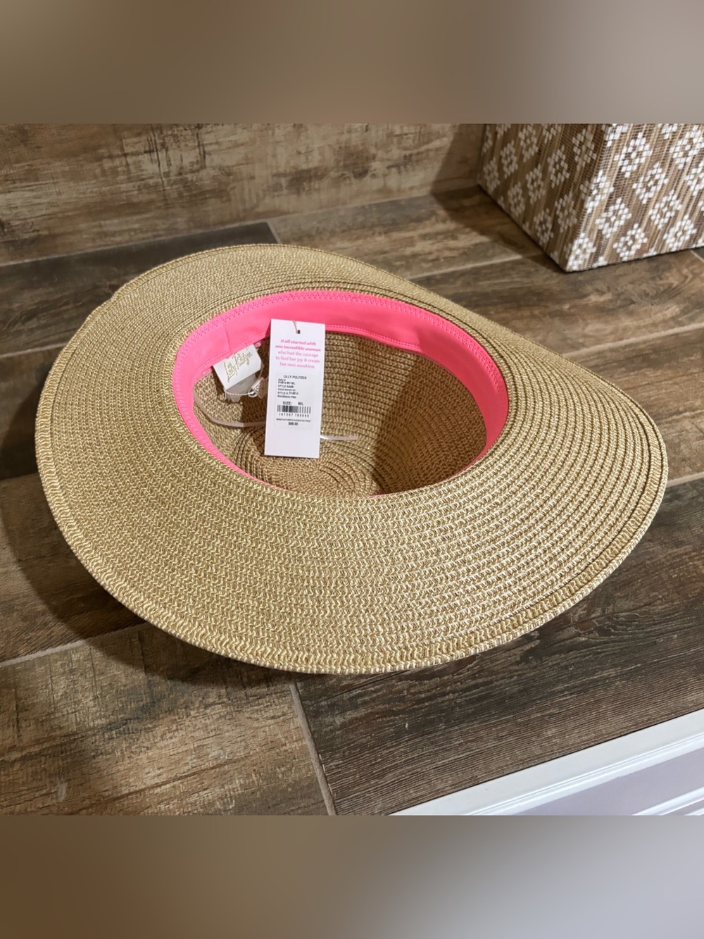 Lilly Pulitzer Shade Seeker Beige Straw Sun Hat with Pink Band and Gold Emblem - Picture 3 of 4